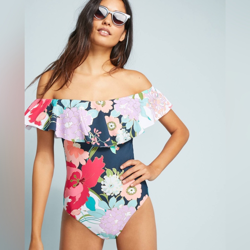 Trina Turk Royal Botanical Off-the-Shoulder One Piece Swimsuit size 8